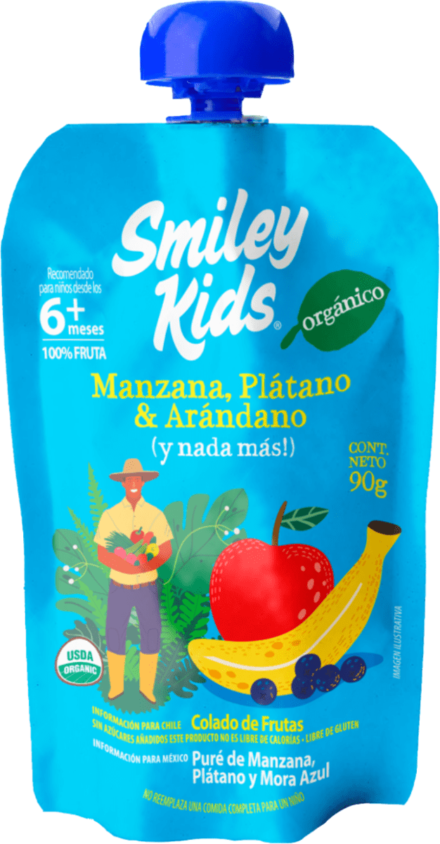 Compota orgánica esencial Smiley Kids sabor manzana, plátano y arándano