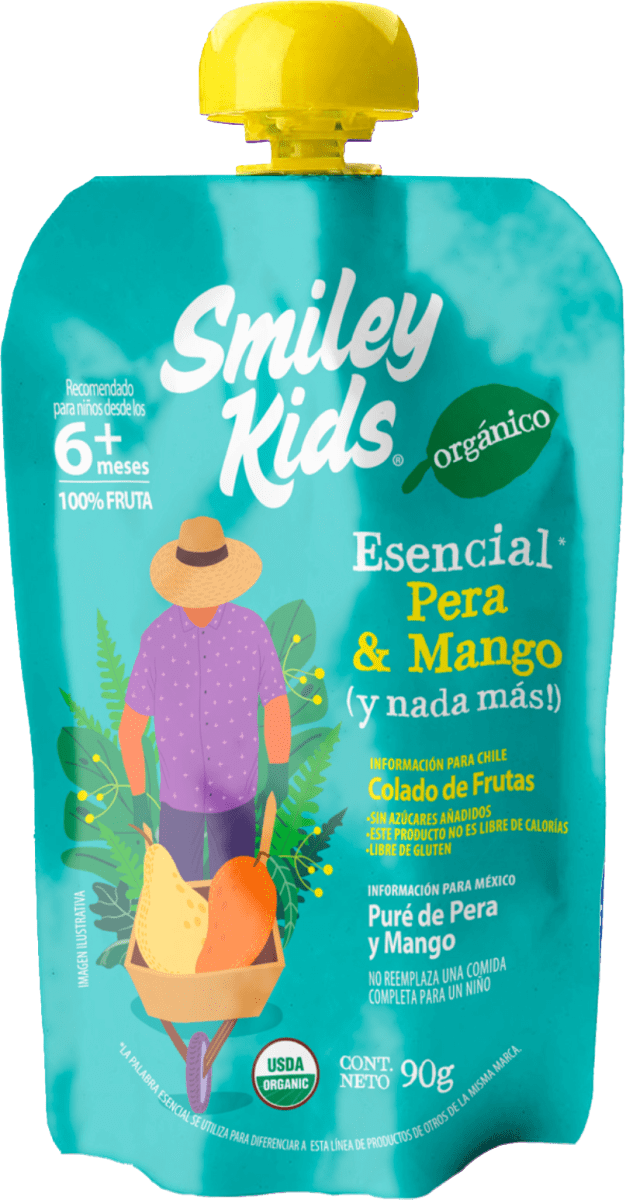 Compota orgánica esencial Smiley Kids sabor pera y mango