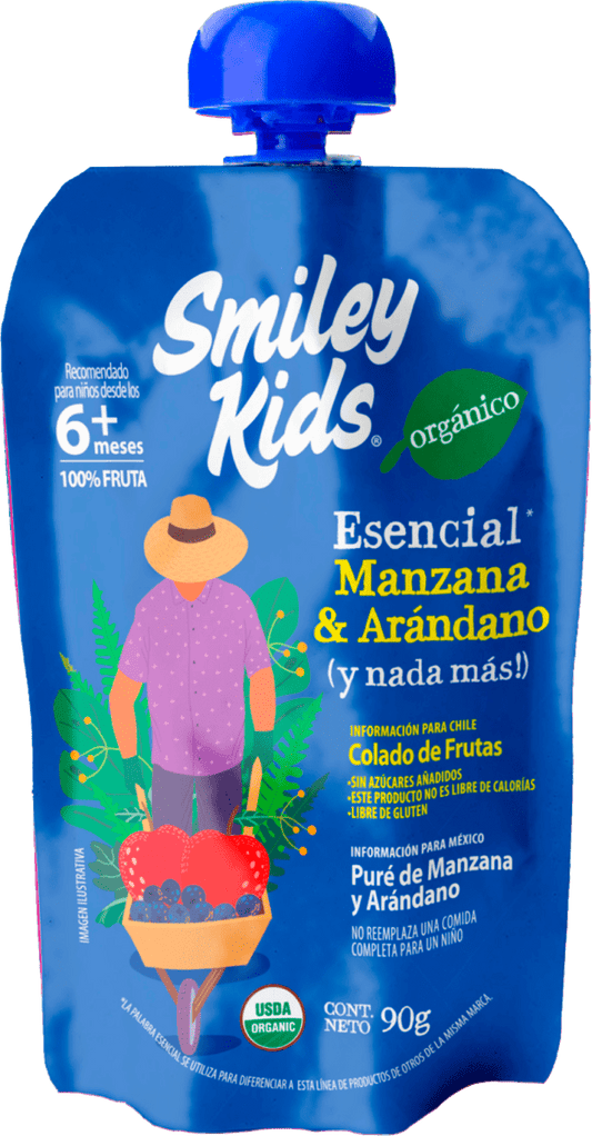 Compota orgánica esencial Smiley Kids sabor manzana arándano