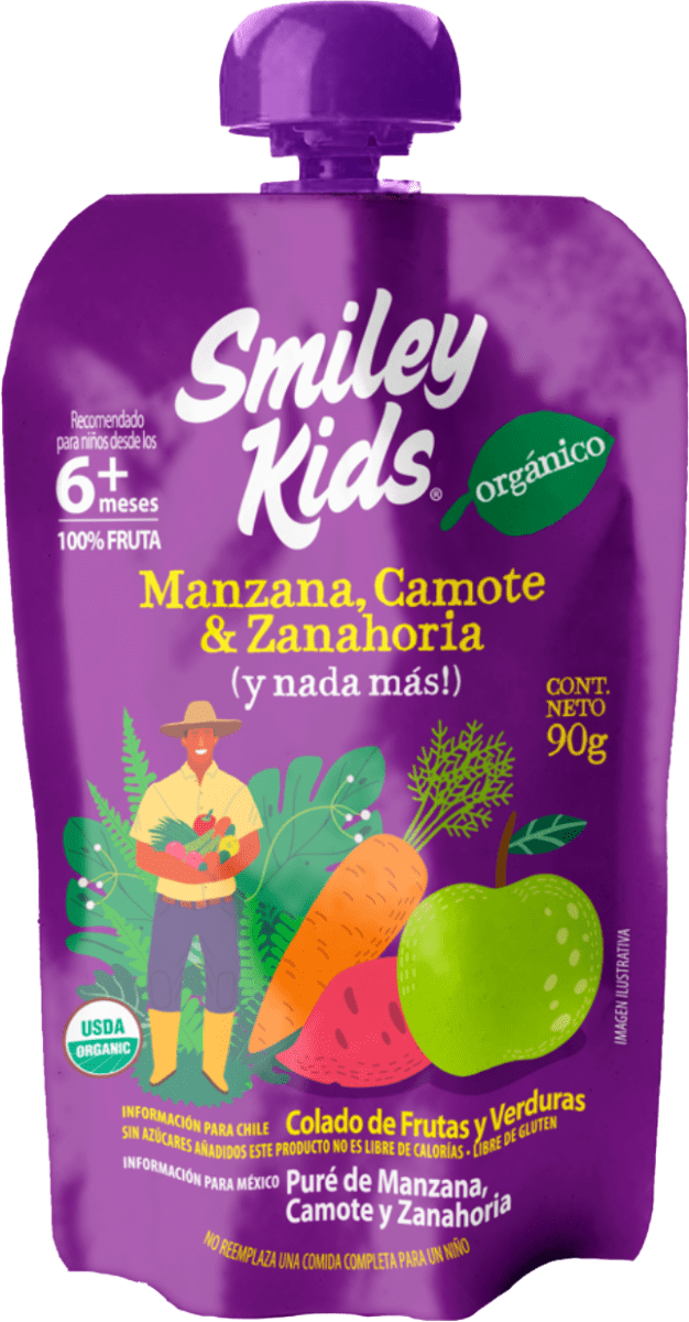 Compota orgánica esencial Smiley Kids sabor manzana, camote y zanahoria