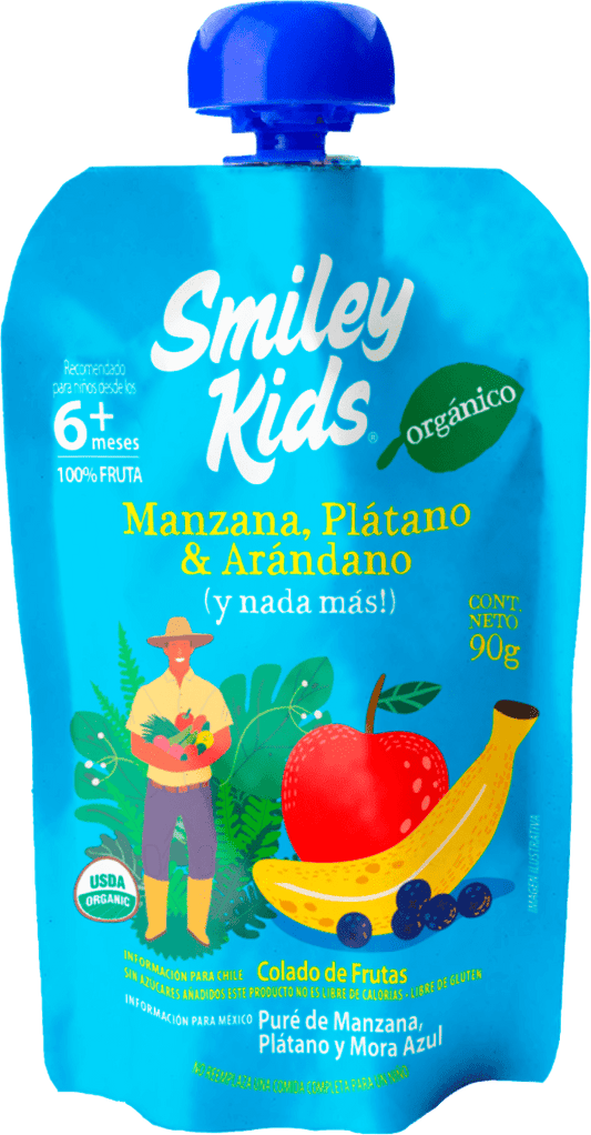 Compota orgánica esencial Smiley Kids sabor manzana, plátano y arándano
