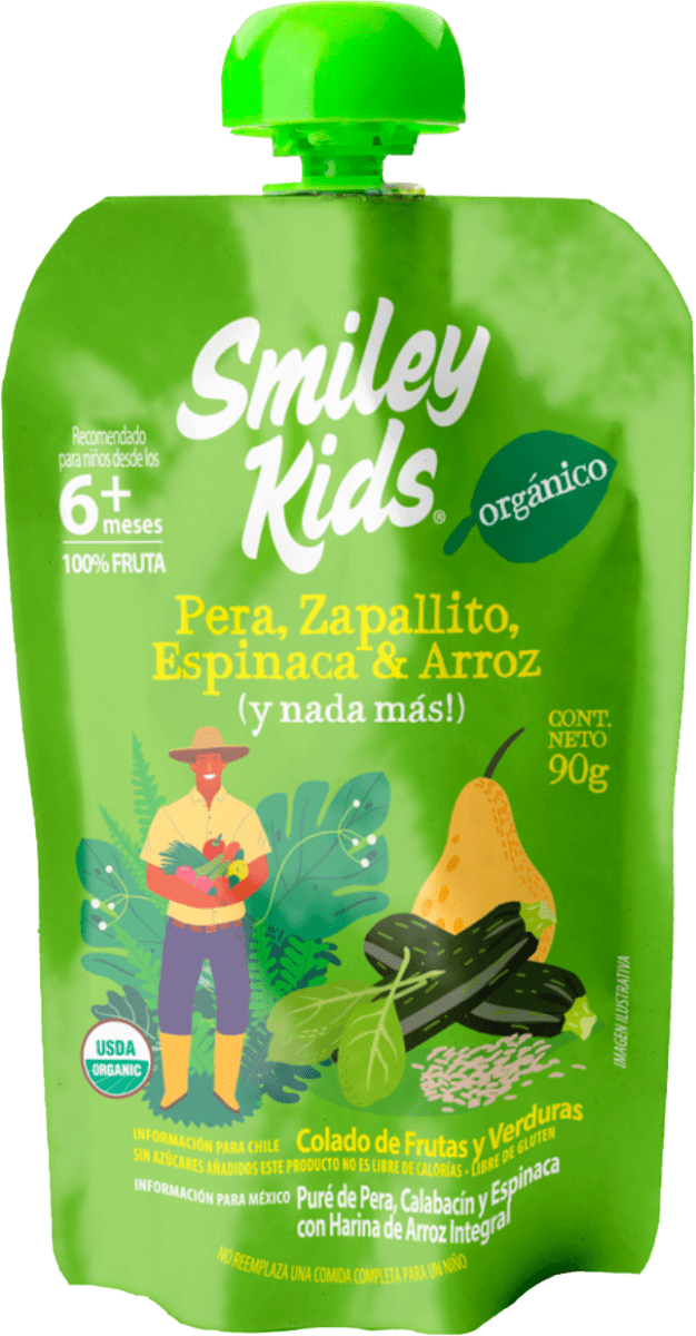 Compota orgánica esencial Smiley Kids sabor pera, zapallito, espinaca y arroz