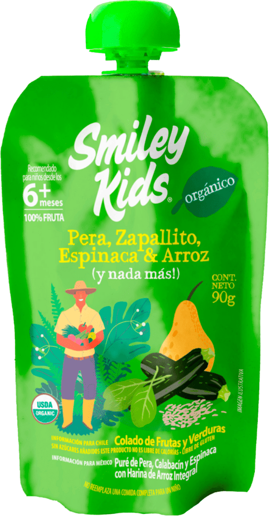 Compota orgánica esencial Smiley Kids sabor pera, zapallito, espinaca y arroz