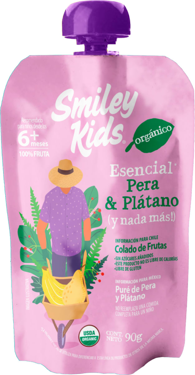 Compota orgánica esencial Smiley Kids sabor pera y plátano