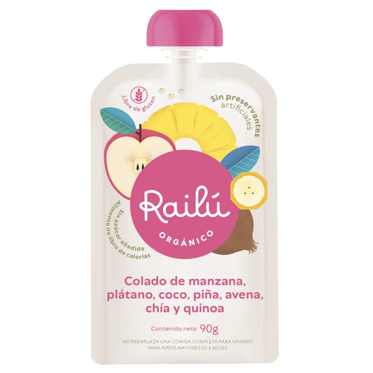 Colado de manzana, plátano, coco, piña, avena, chía y quinoa