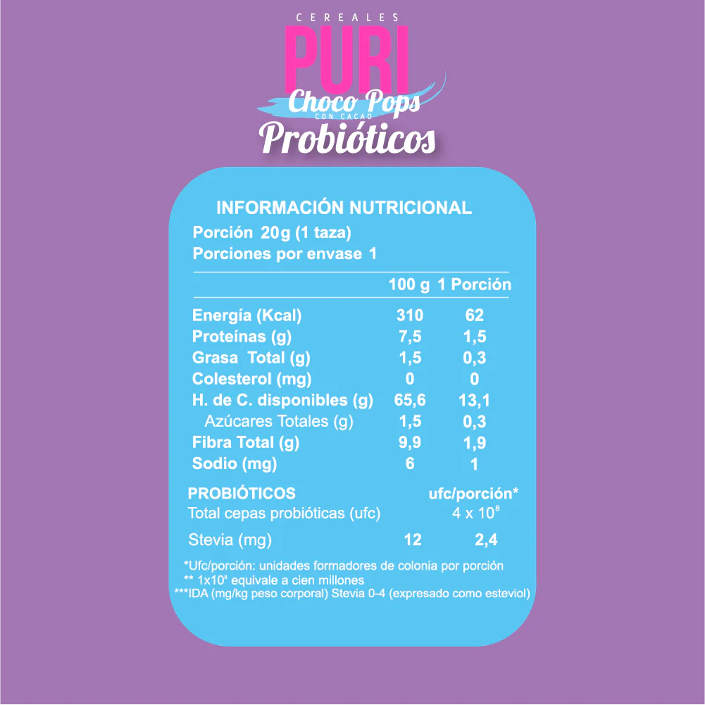 Puri Cereales Choco Pops con 400 millones de Probióticos. 20gr.