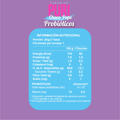 Puri Cereales Choco Pops con 400 millones de Probióticos. 20gr.